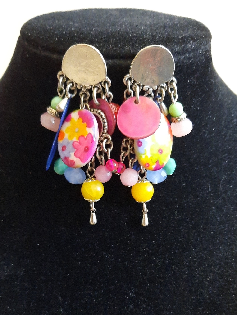Colorful Floral Dangle Earrings - Pink, Yellow & Multicolor